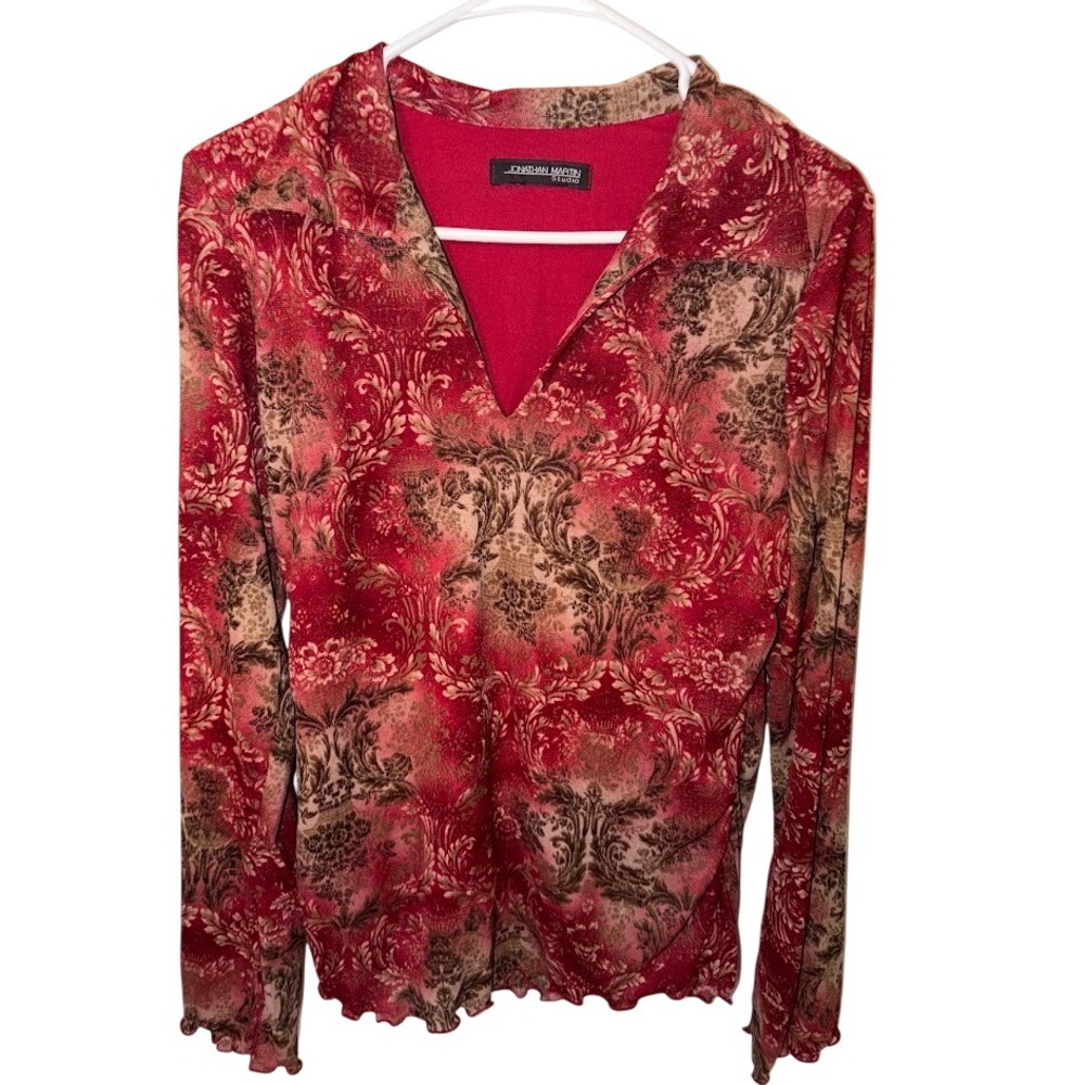 Jonathan Martin Studio Womens Red Floral Damask Print V-Neck Lettuce Edge Top